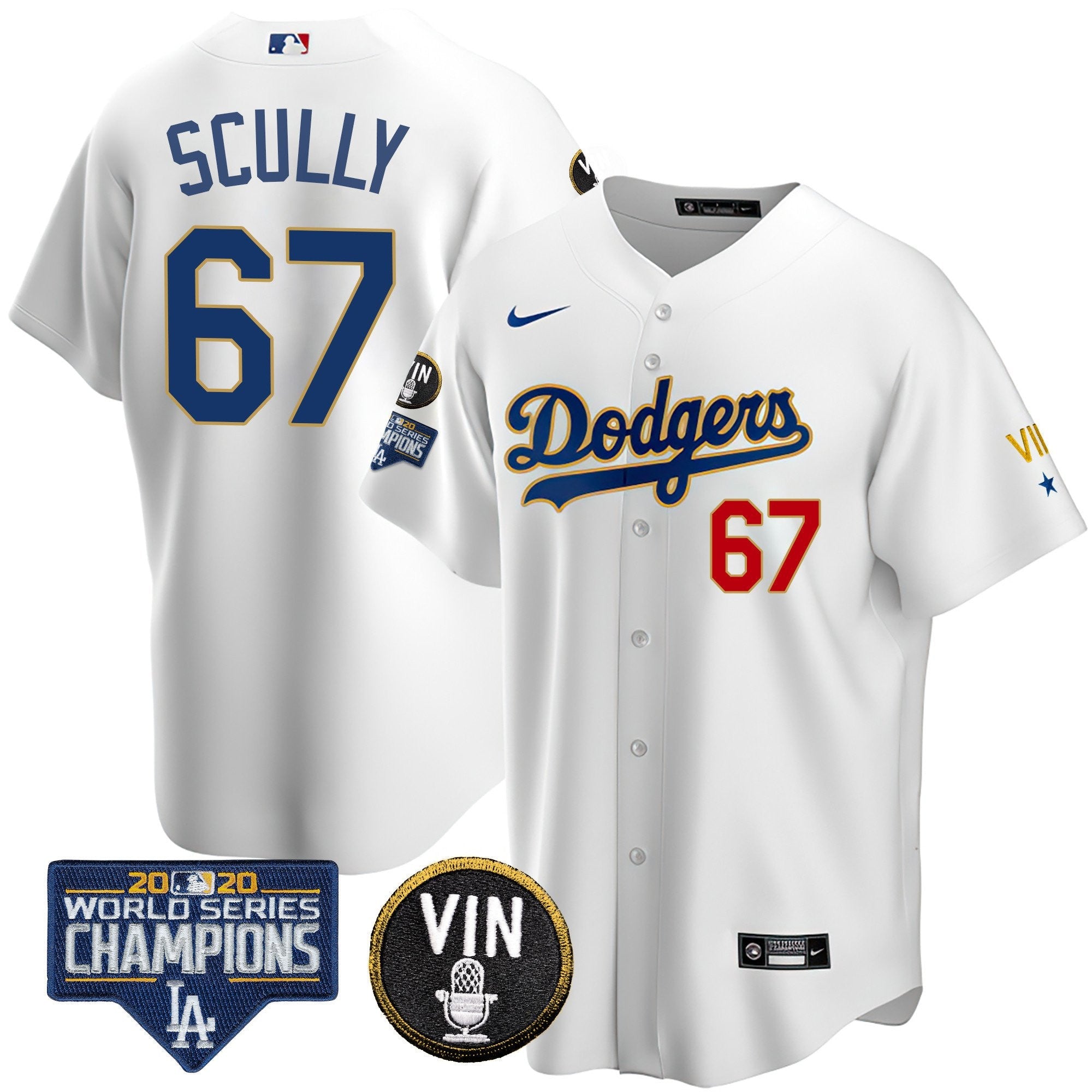 Men's Dodgers World Series & Vin Sculy Patch Gold Jersey - All Stitched