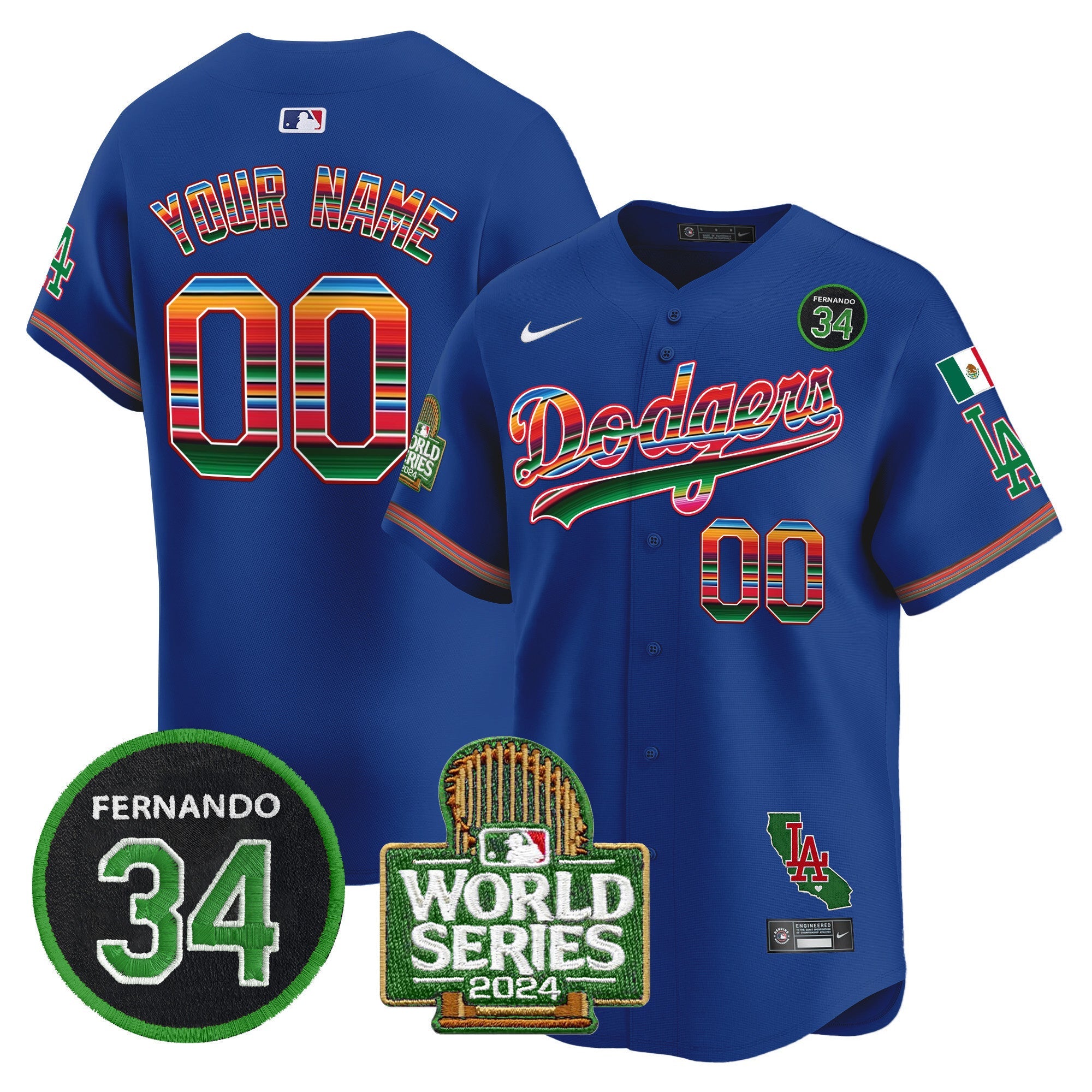 Custom Name/Gender Dodgers Mexico Fernando Memorial & 2024 World Series Patch Vapor Premier Limited Jersey - All Stitched