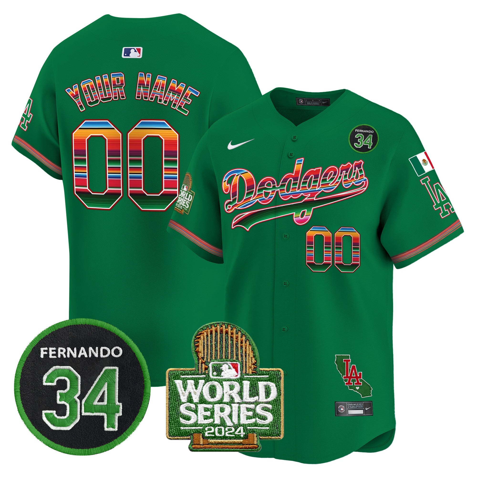 Custom Name/Gender Dodgers Mexico Fernando Memorial & 2024 World Series Patch Vapor Premier Limited Jersey - All Stitched