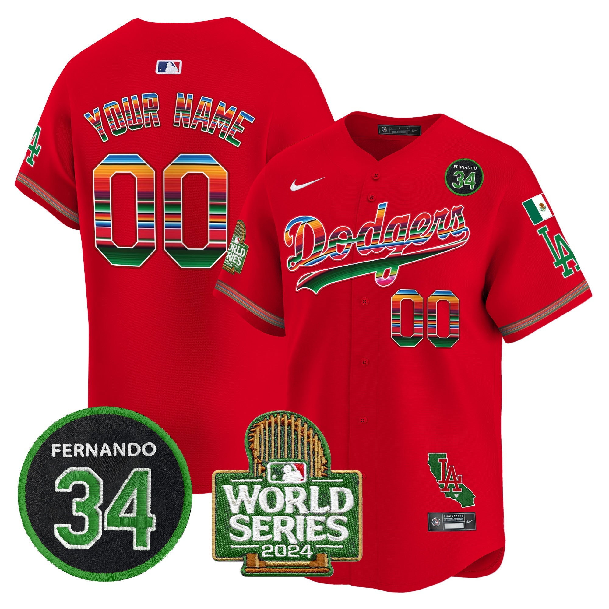 Custom Name/Gender Dodgers Mexico Fernando Memorial & 2024 World Series Patch Vapor Premier Limited Jersey - All Stitched