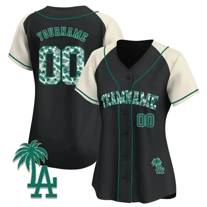 CUSTOM BLACK ALTERNATE GREEN TROPICAL FLORAL PATTERN BASEBALL JERSEY - EMBROIDERED